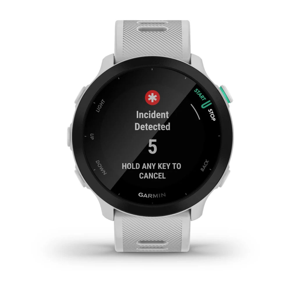 Garmin Forerunner 55 smartwatch displaying an 'Incident Detected' alert with a message to hold any key to cancel.