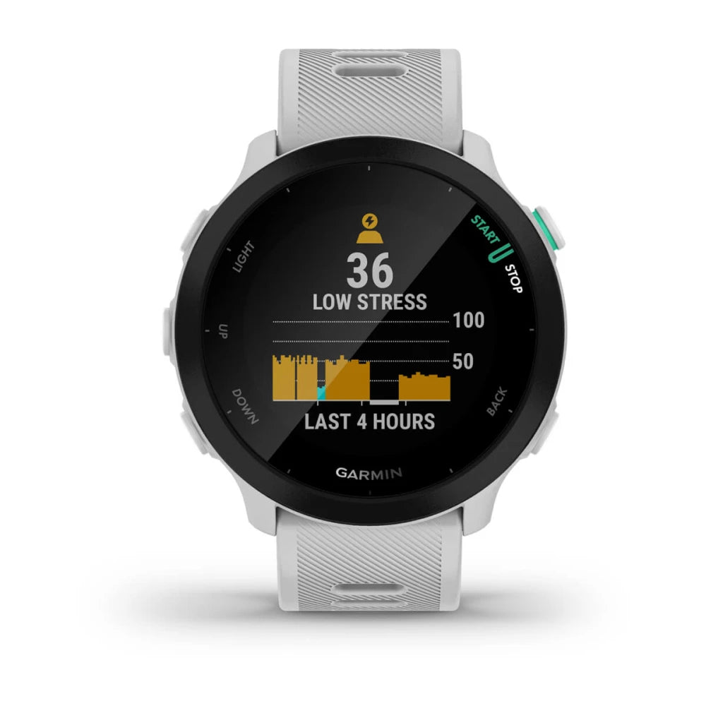 Garmin Forerunner 55 smartwatch displaying a low stress level of 36 and a graph of stress levels over the last 4 hours.