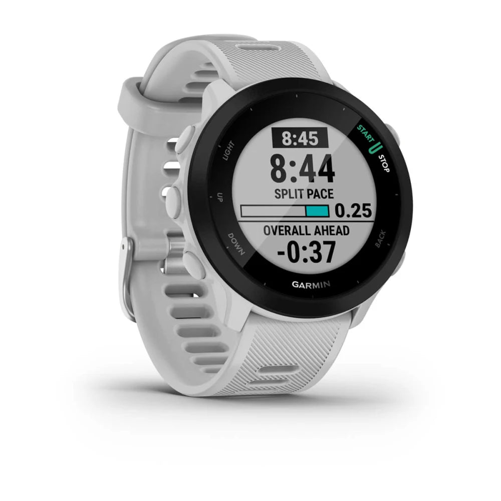 Garmin Forerunner 55 smartwatch displaying split pace and overall ahead metrics on its screen, featuring a white strap.
