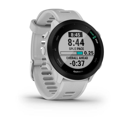 Garmin Forerunner 55 smartwatch displaying split pace and overall ahead metrics on its screen, featuring a white strap.