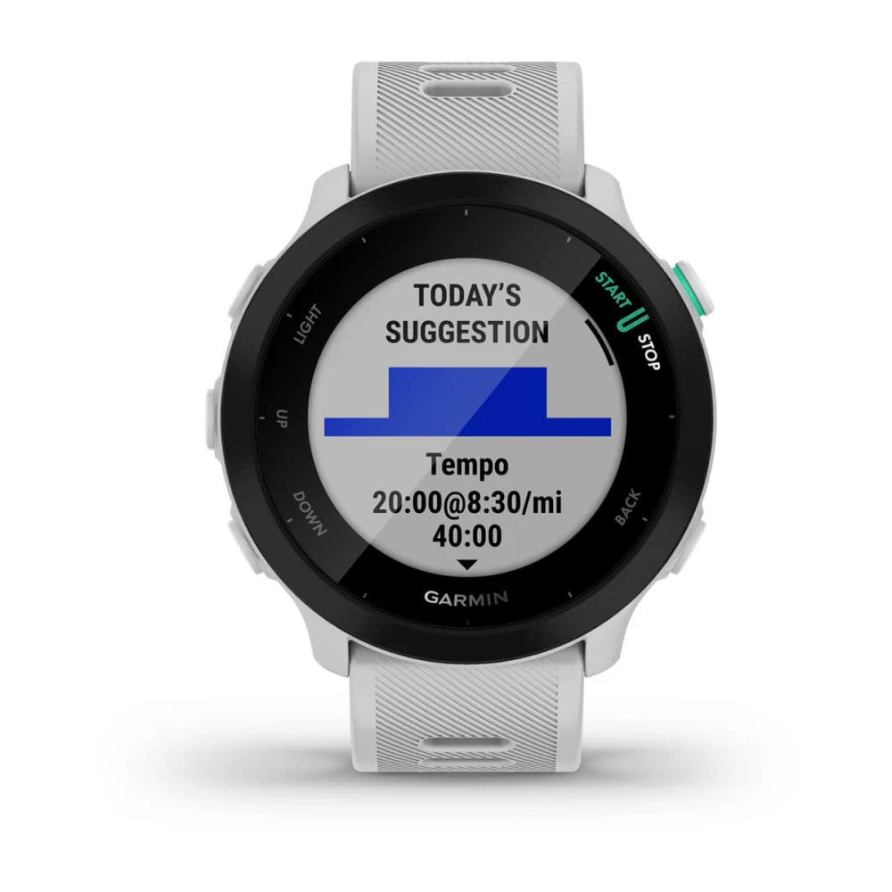Garmin Forerunner 55 displaying 'Today's Suggestion' for a tempo workout with details on duration and pace.