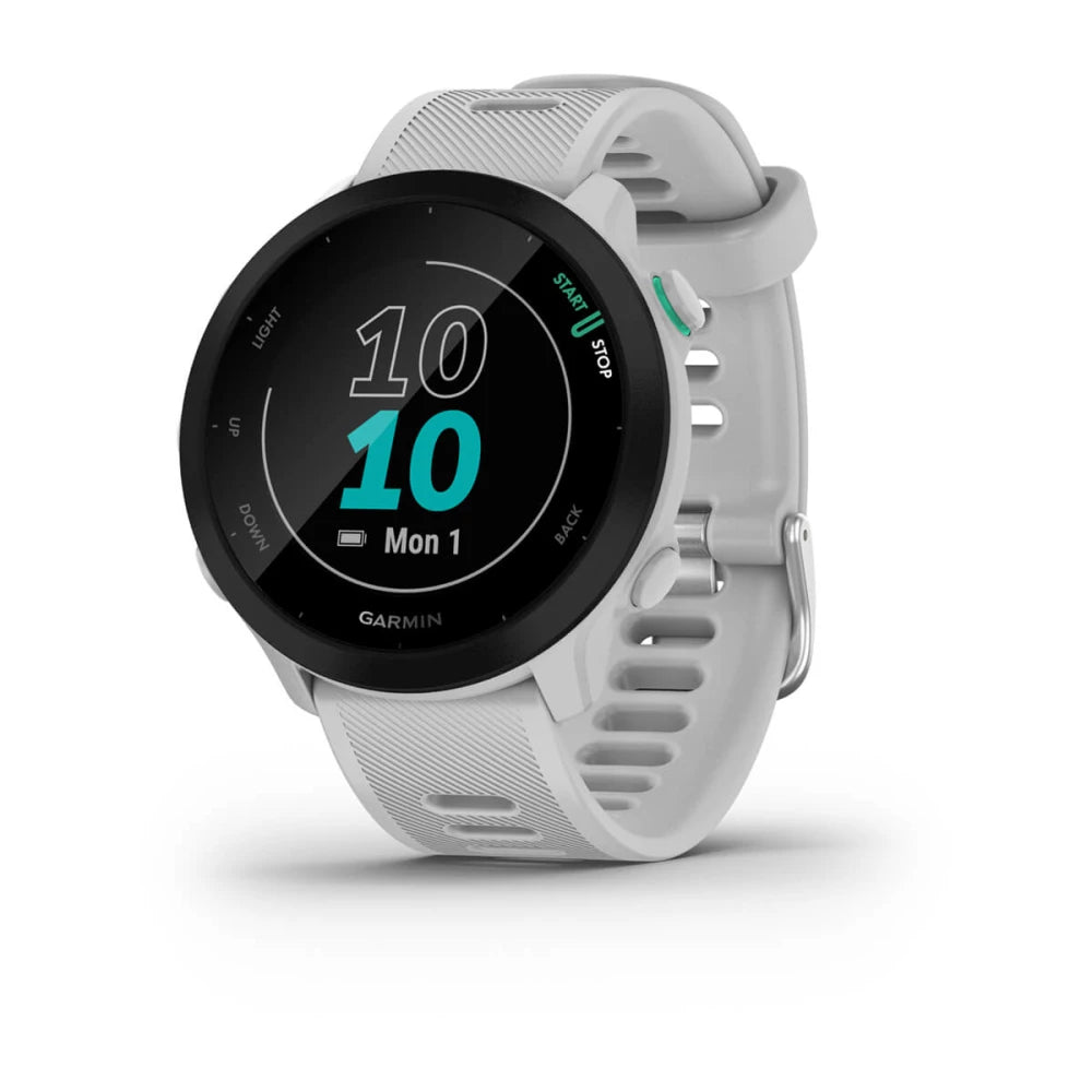Garmin Forerunner 55 smartwatch displaying the time and date on a black screen with a light gray strap.