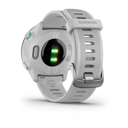 Garmin Forerunner 55 sports watch showing the back with heart rate sensors and quick release strap.