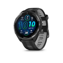 Garmin Forerunner 965 smartwatch displaying various fitness metrics on its screen, featuring a black and gray design.