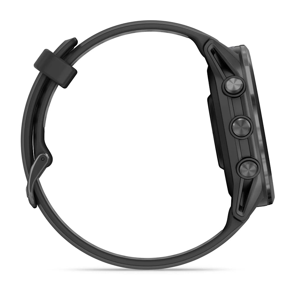Garmin Forerunner 970 Carbon Gray – side profile showing buttons and bezel