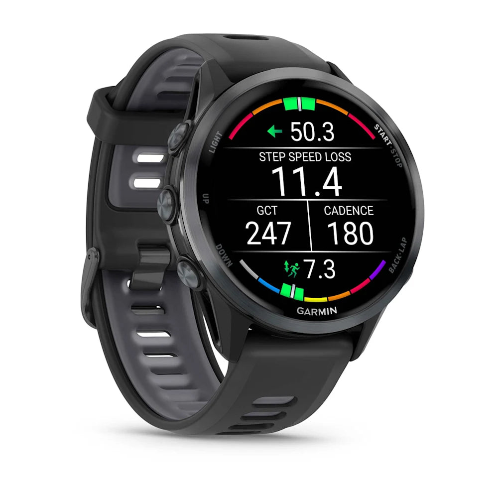 Garmin Forerunner 970 Carbon Gray – side profile showing buttons and bezel