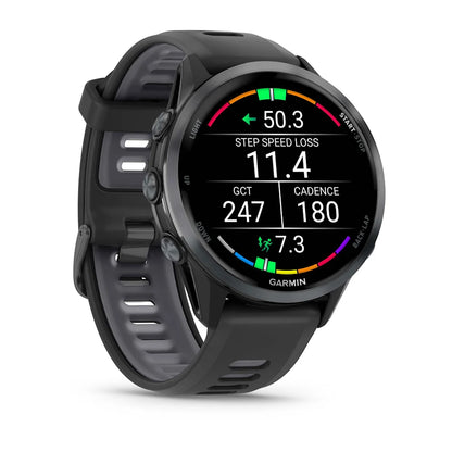 Garmin Forerunner 970 Carbon Gray – side profile showing buttons and bezel