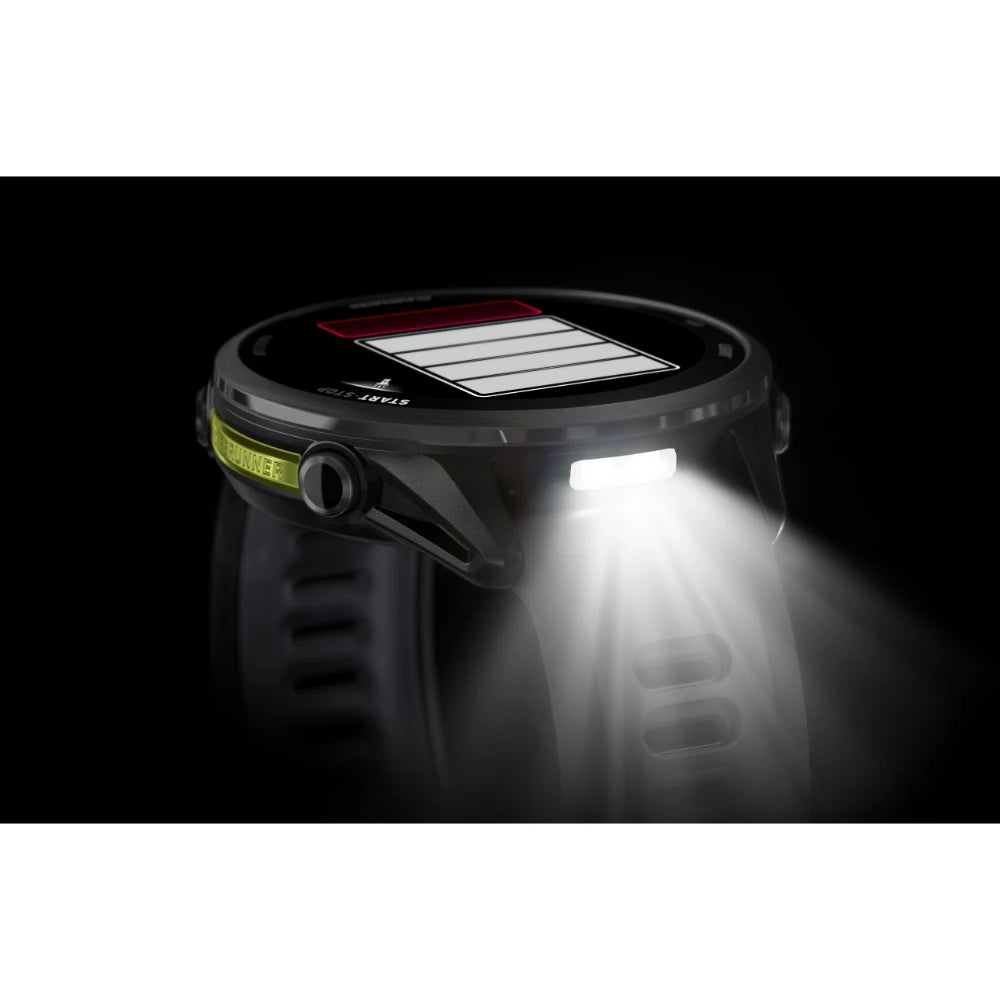 Garmin Forerunner 970 – built‑in flashlight feature illuminated in dark