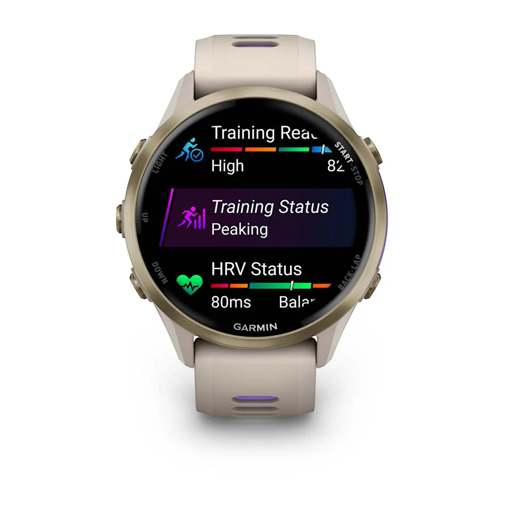 Garmin Forerunner 970 Soft Gold/French Gray – side profile of case and band