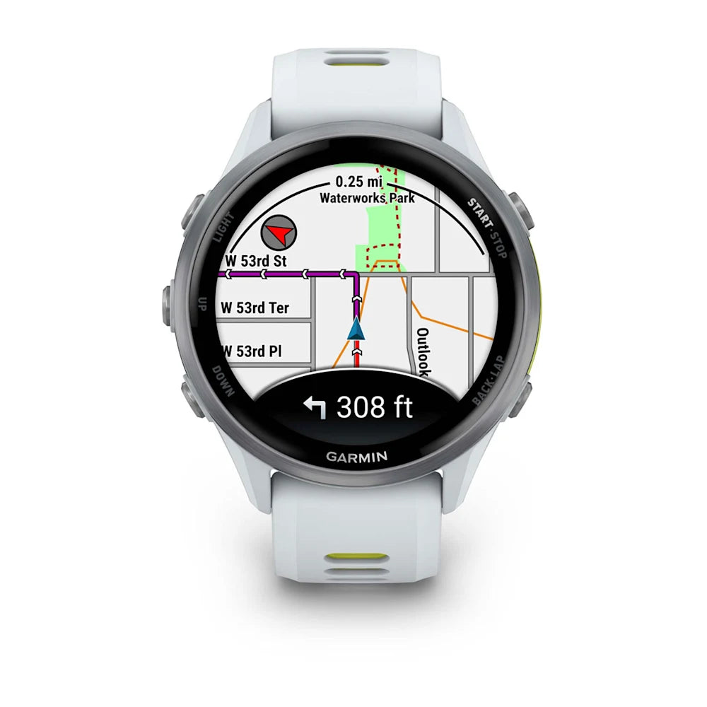 Garmin Forerunner 970 Whitestone/amp yellow – hero front view on yellow strap