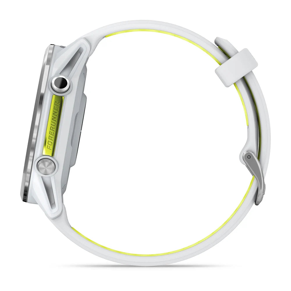 Garmin Forerunner 970 Whitestone/amp yellow – straight-on dial with metrics