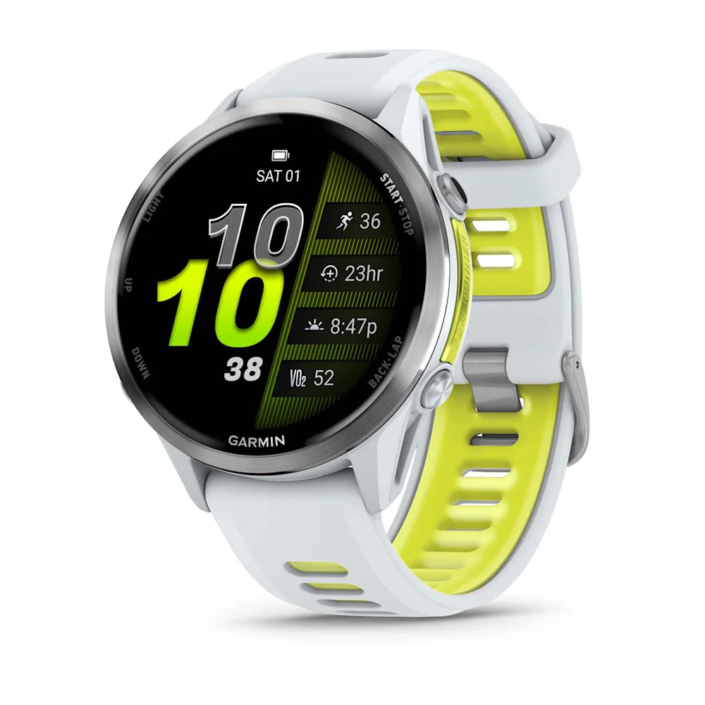 Garmin Forerunner 970 Whitestone/amp yellow – angled view with yellow band