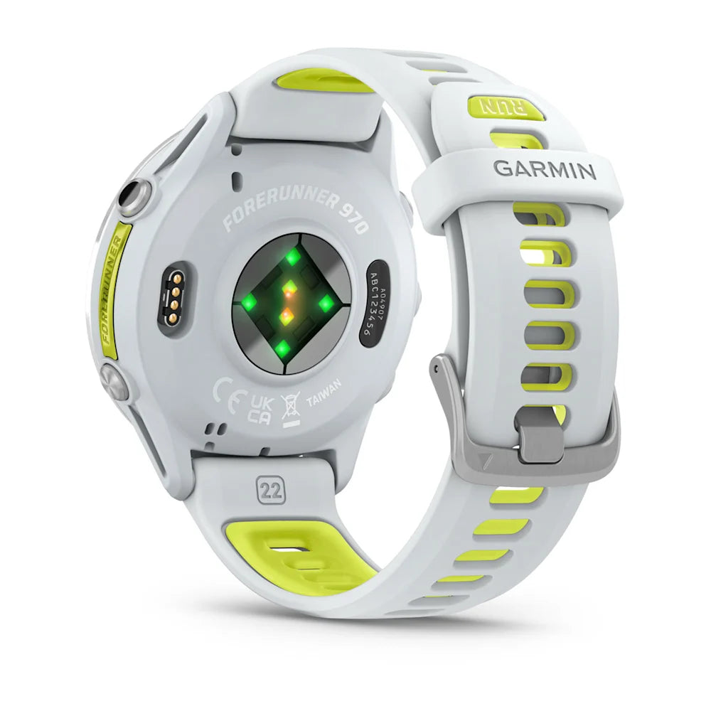 Garmin Forerunner 970 Whitestone/amp yellow – side profile of titanium case