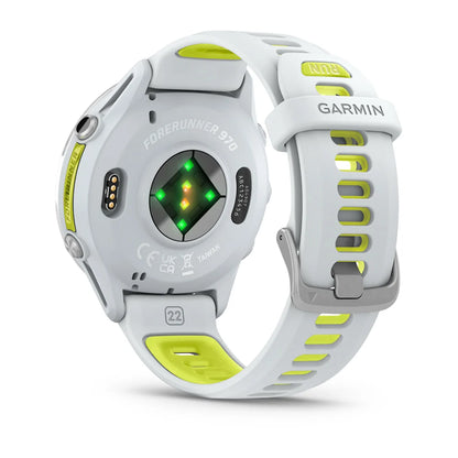 Garmin Forerunner 970 Whitestone/amp yellow – side profile of titanium case