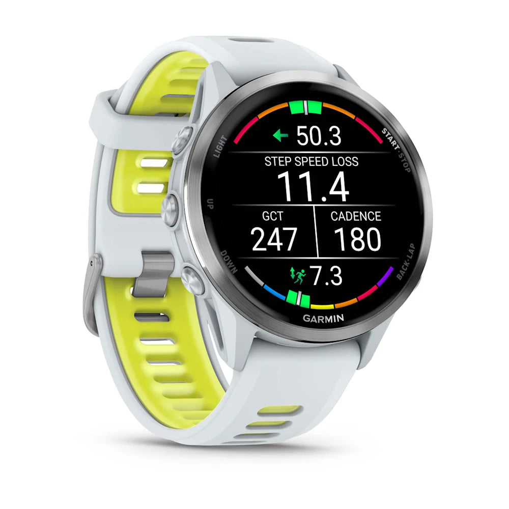 Garmin Forerunner 970 Whitestone/amp yellow – rear sensor and buckle detail