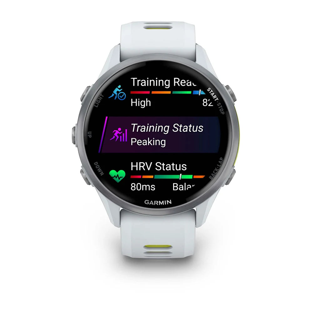 Garmin Forerunner 970 Whitestone/amp yellow – flat lay of full band graphic