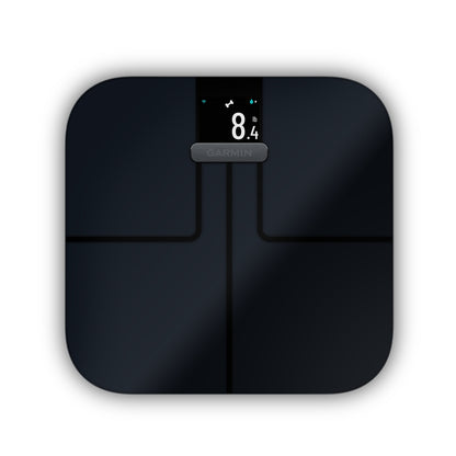 Garmin Index S2 smart scale in black with digital display.