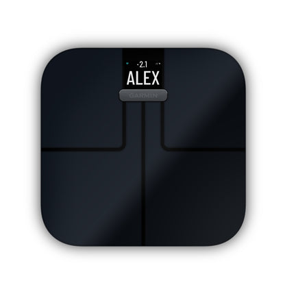Garmin Index S2 smart scale in black with digital display.