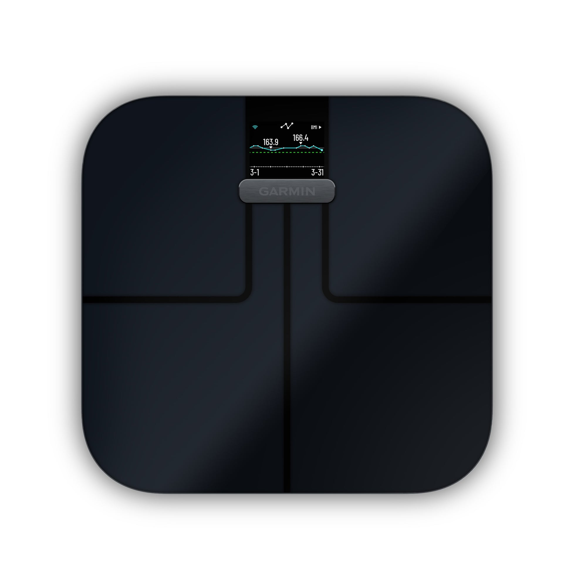 Garmin Index S2 smart scale in black with a small display at the top.