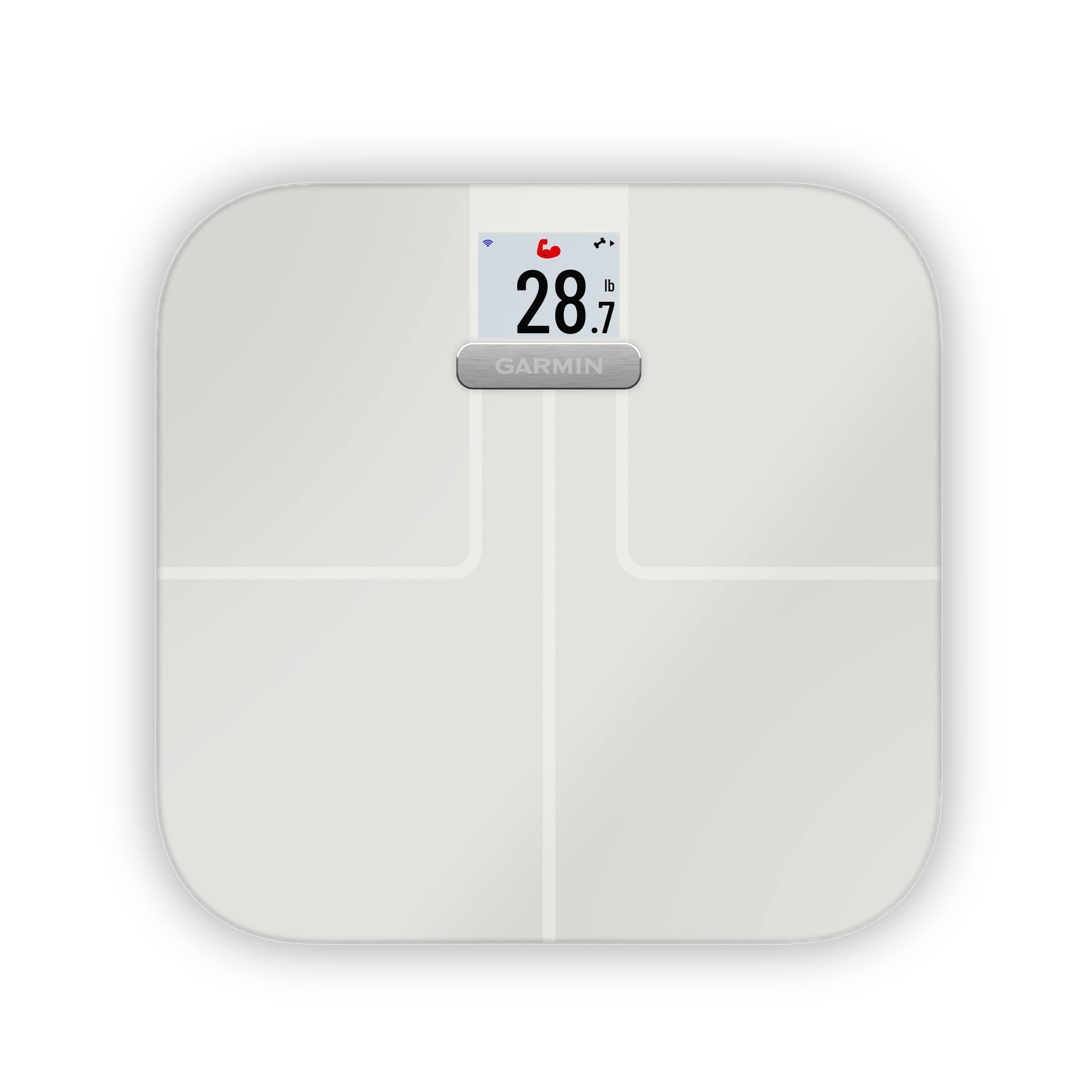 Garmin Index S2 white smart scale with digital display.