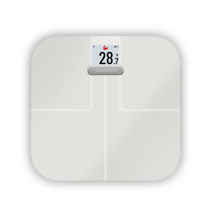 Garmin Index S2 white smart scale with digital display.