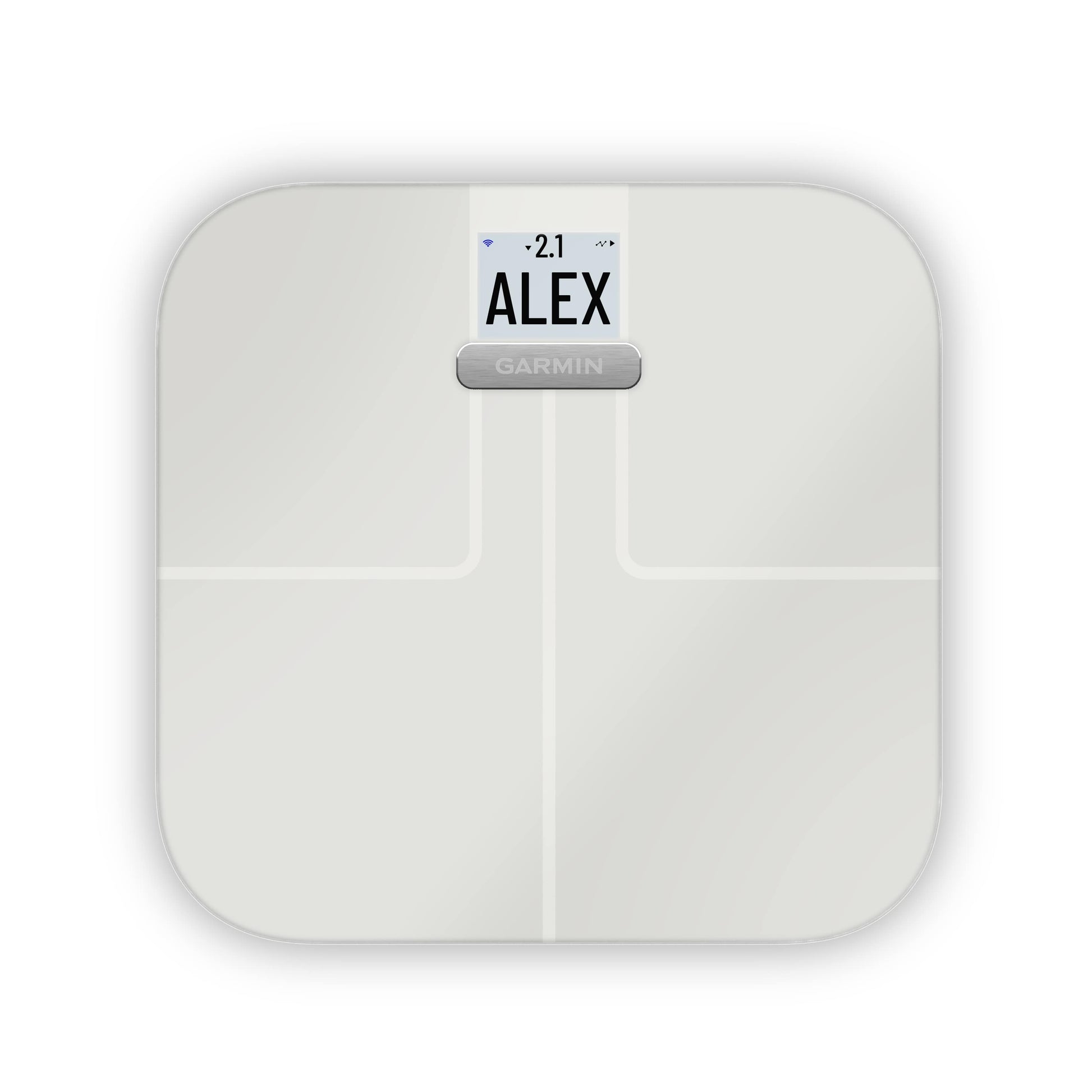 Garmin Index S2 Smart Scale white with display showing ALEX