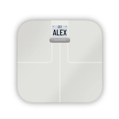 Garmin Index S2 Smart Scale white with display showing ALEX