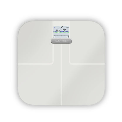 Garmin Index S2 smart scale, white with display.