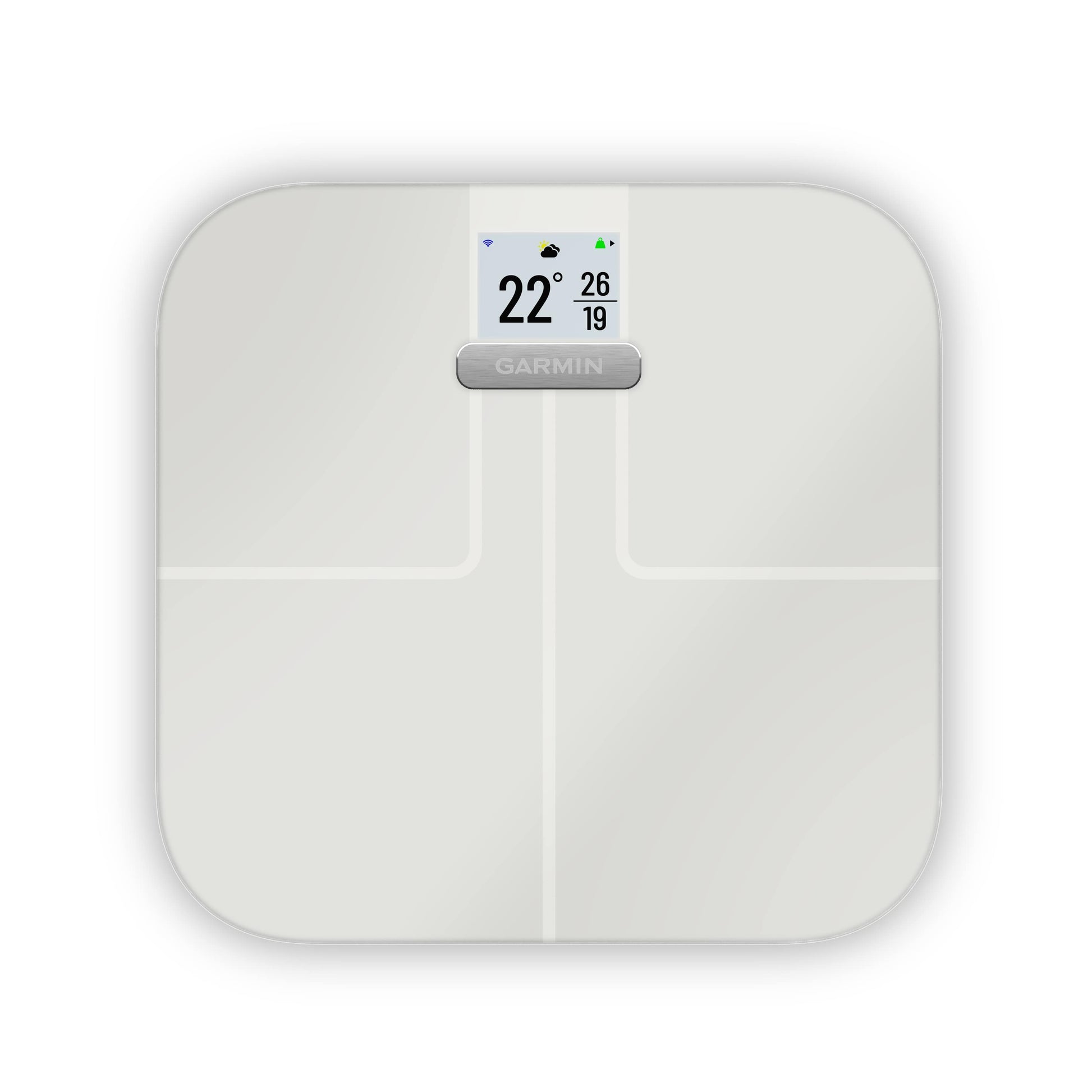 Garmin Index S2 smart scale in white with small display.