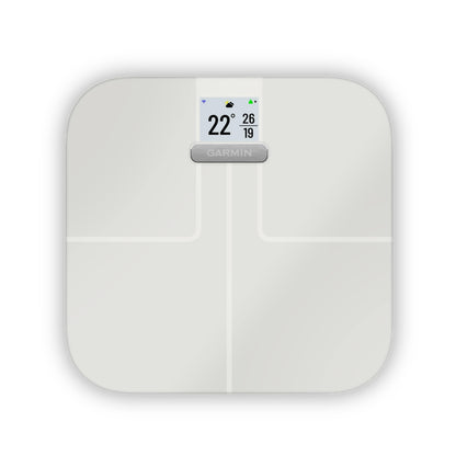 Garmin Index S2 smart scale in white with small display.