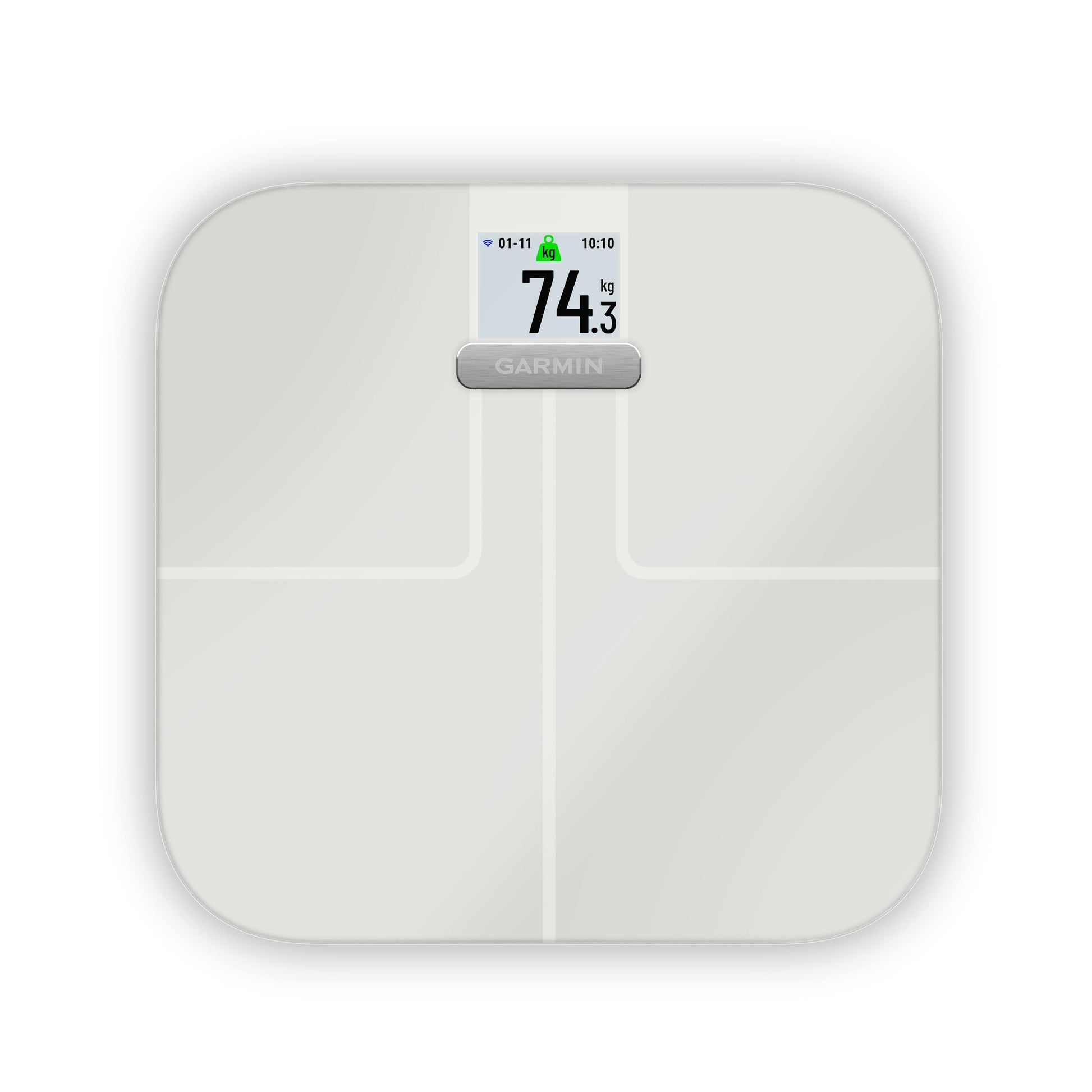 White Garmin Index S2 smart scale with digital display showing 74.3 kg