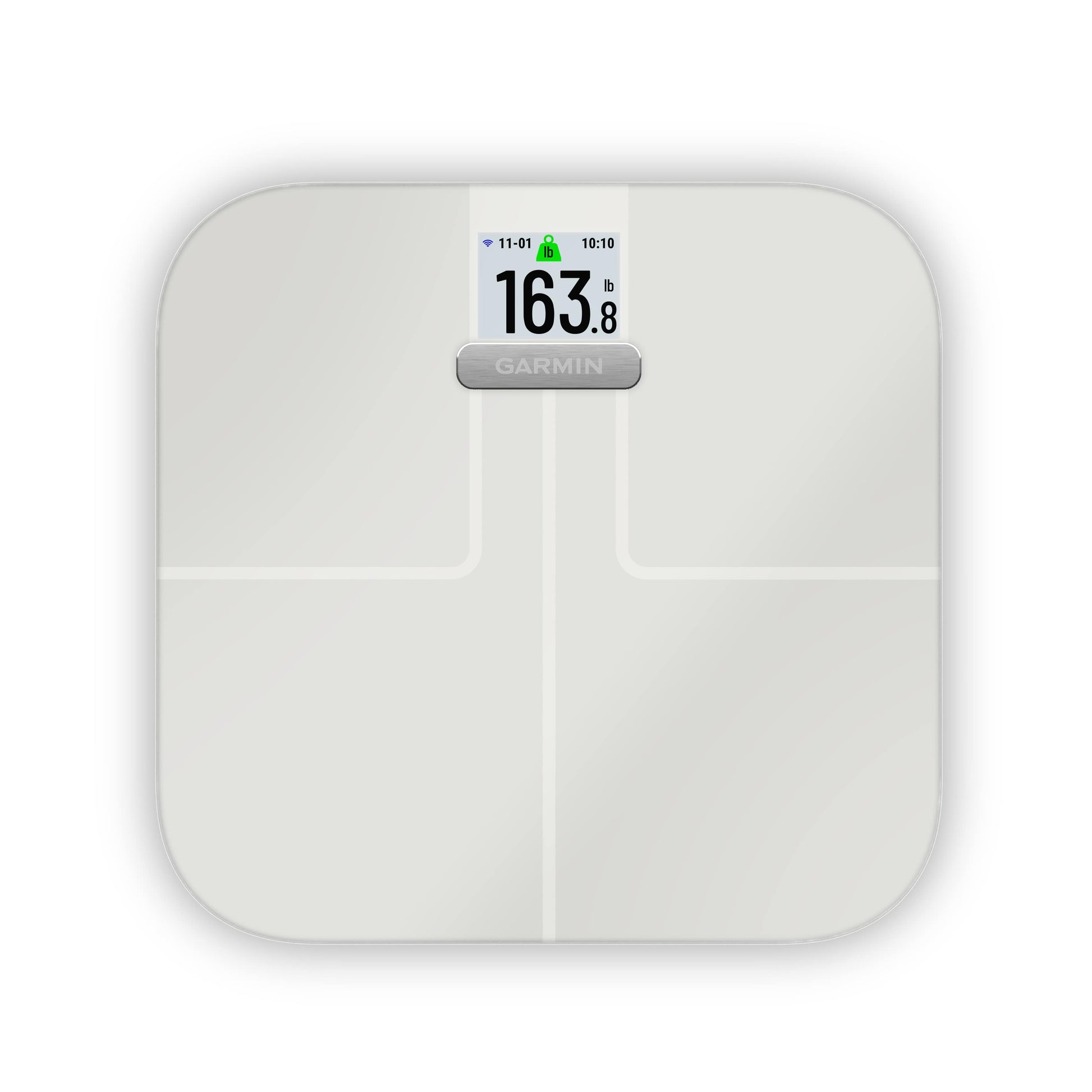 Garmin Index S2 white smart scale with digital display.