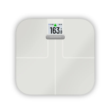 Garmin Index S2 white smart scale with digital display.