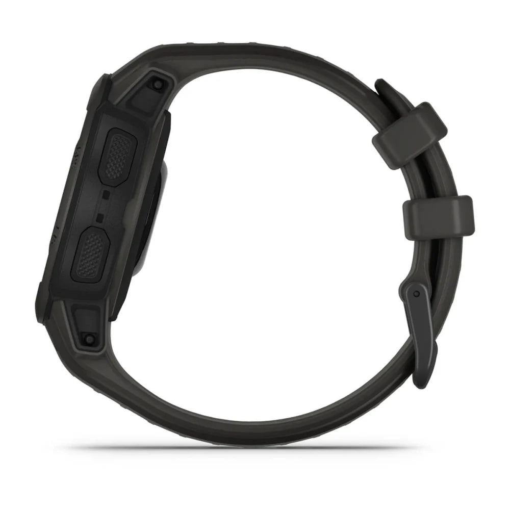 Side view of the Garmin Instinct 2S Solar smartwatch in green, showcasing its rugged design and buttons.