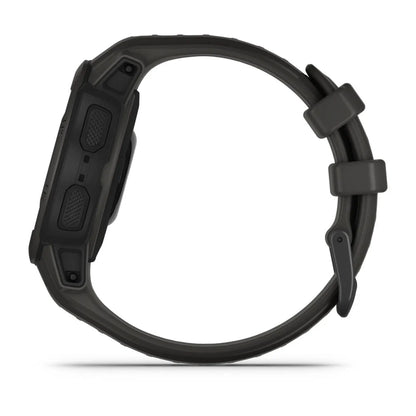 Side view of the Garmin Instinct 2S Solar smartwatch in green, showcasing its rugged design and buttons.
