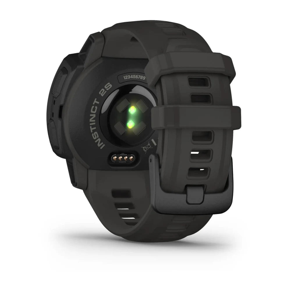 Garmin Instinct 2S Solar smartwatch in dark green with a visible heart rate sensor on the back.