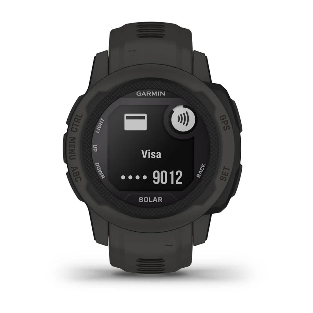 Garmin Instinct 2S Solar smartwatch displaying a Visa card payment option on its screen.