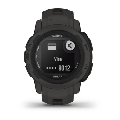 Garmin Instinct 2S Solar smartwatch displaying a Visa card payment option on its screen.