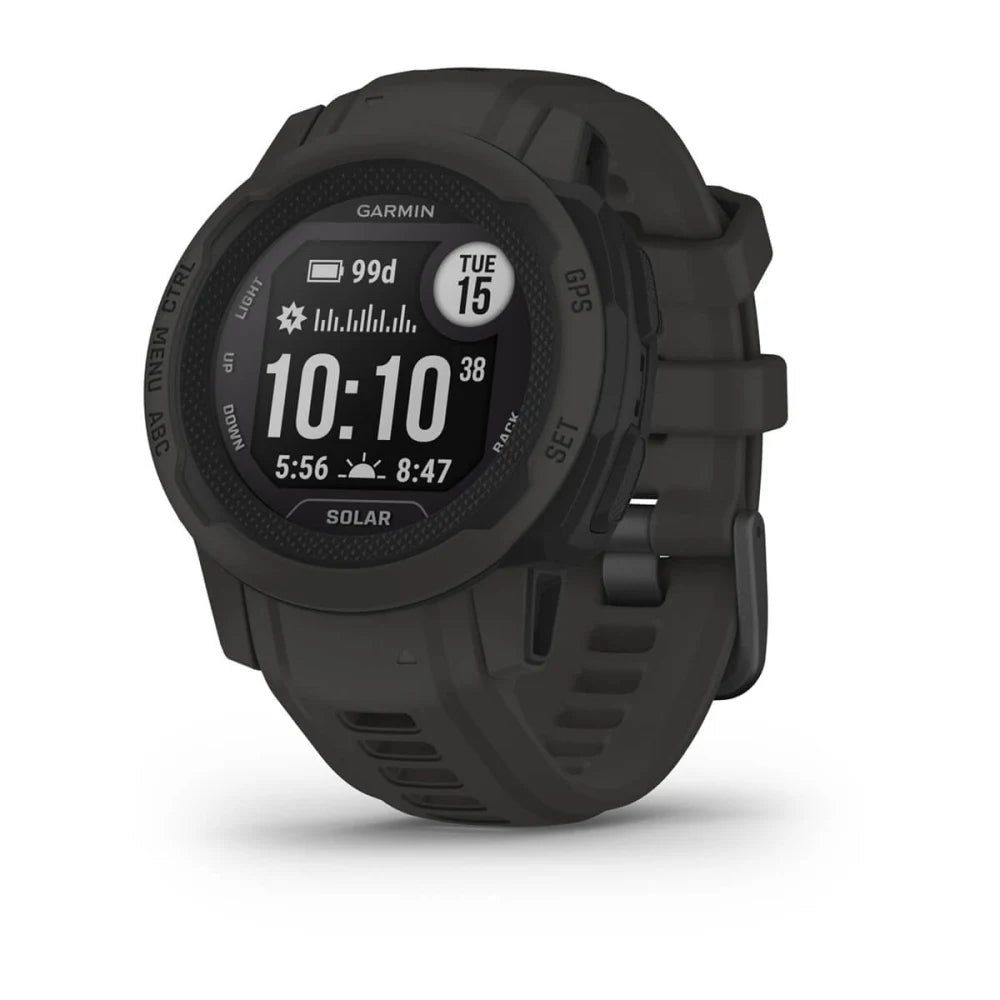 Garmin Instinct 2S Solar smartwatch displaying time and date, with a rugged design and solar charging capability.