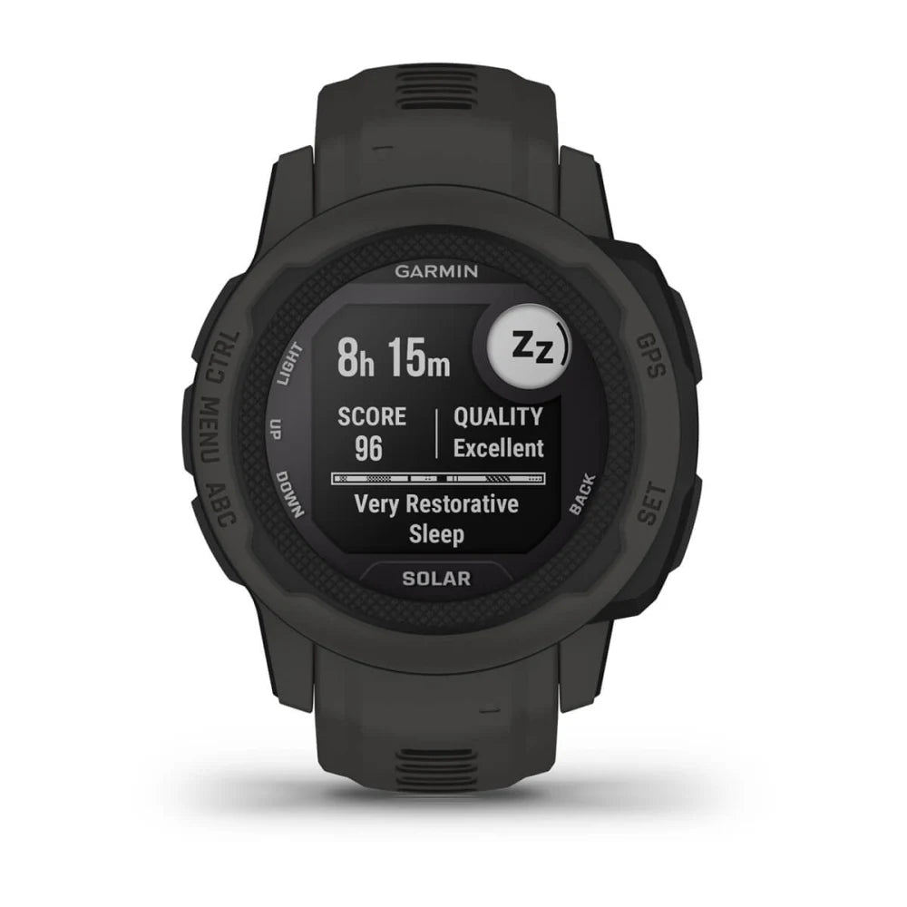 Garmin Instinct 2S Solar smartwatch displaying sleep data with a score of 96 and quality marked as excellent.