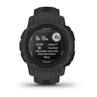 Garmin Instinct 2S Solar smartwatch displaying sleep data with a score of 96 and quality marked as excellent.