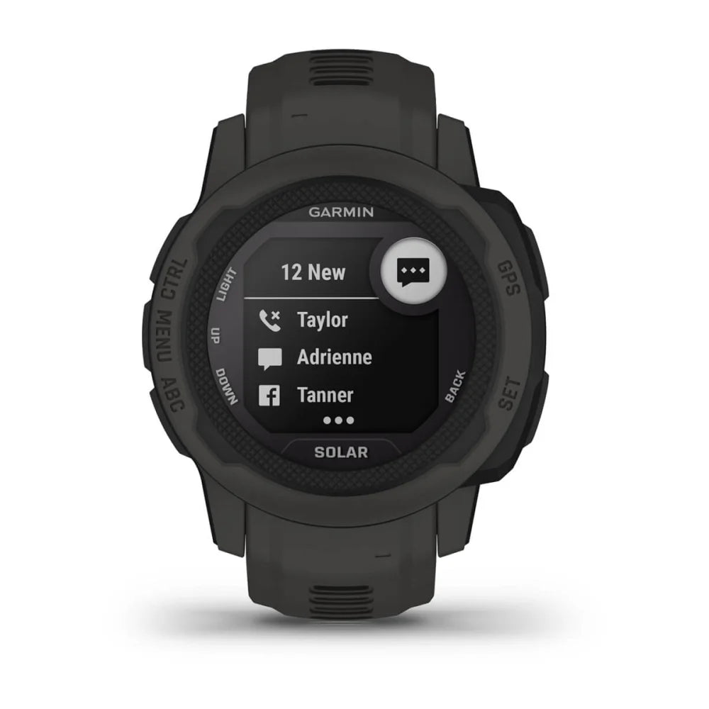 Garmin Instinct 2S Solar smartwatch displaying notifications with a dark green strap and black screen.