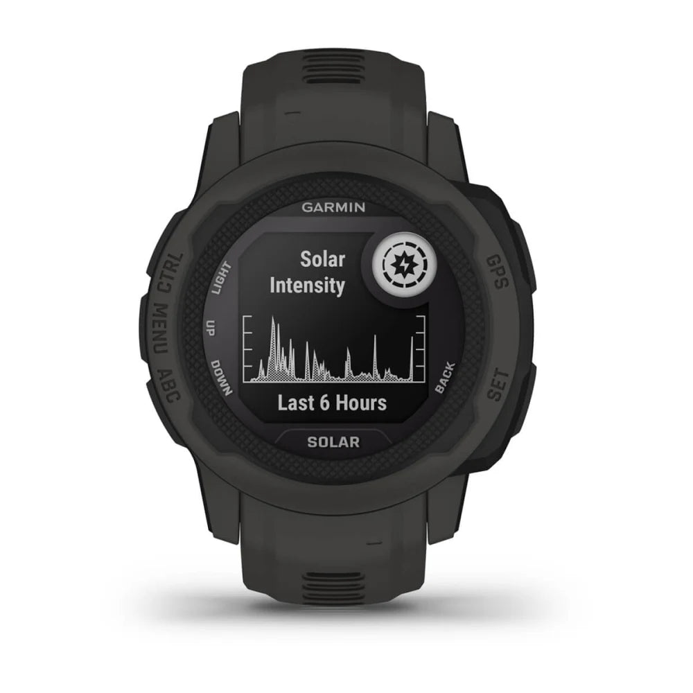 Garmin Instinct 2S Solar smartwatch displaying solar intensity data for the last 6 hours.