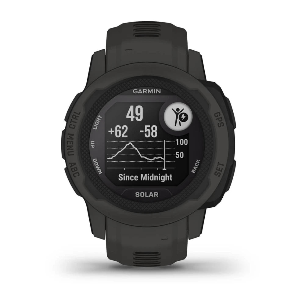 Garmin Instinct 2S Solar smartwatch displaying health metrics and solar charging feature.