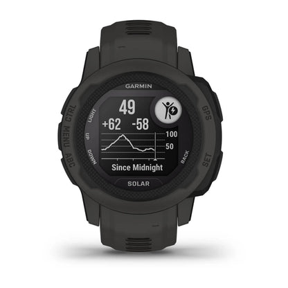 Garmin Instinct 2S Solar smartwatch displaying health metrics and solar charging feature.
