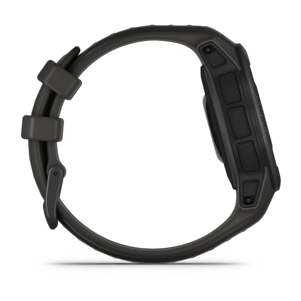 Garmin Instinct 2S Solar smartwatch shown from the side, featuring a rugged design and multiple buttons.