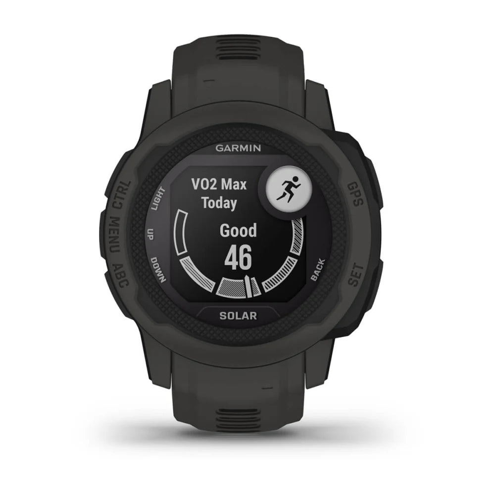 Garmin Instinct 2S Solar smartwatch displaying VO2 Max value of 46 with a black and green design.
