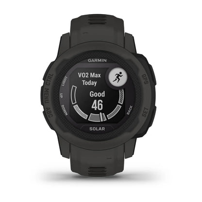 Garmin Instinct 2S Solar smartwatch displaying VO2 Max value of 46 with a black and green design.