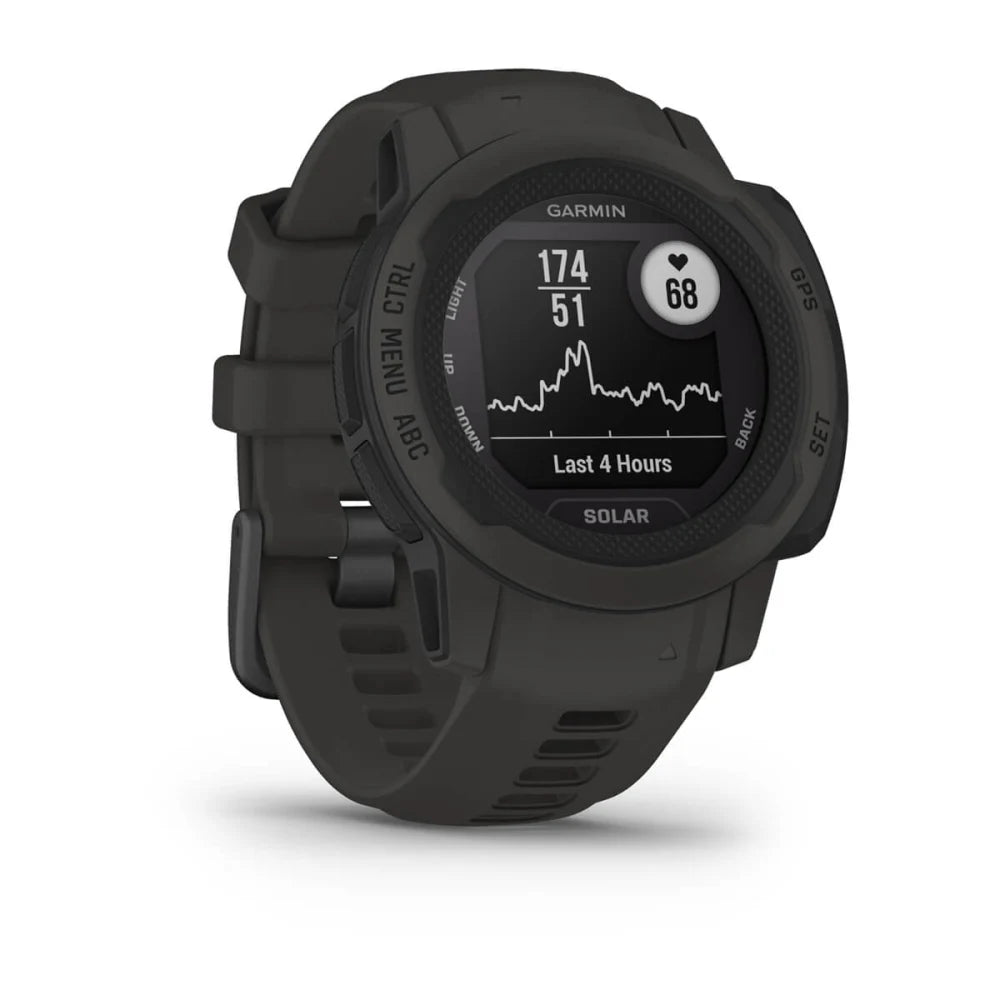 Garmin Instinct 2S Solar smartwatch displaying heart rate and activity data on a black screen with a rugged green strap.