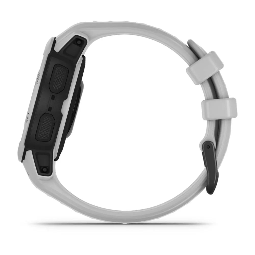 Side view of the Garmin Instinct 2S Solar smartwatch with a gray strap and black casing.